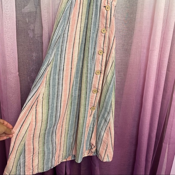 Indigo Rein Multicolor Linen Blend Striped Button V-Neck Midi Dress XS - Picture 3 of 10